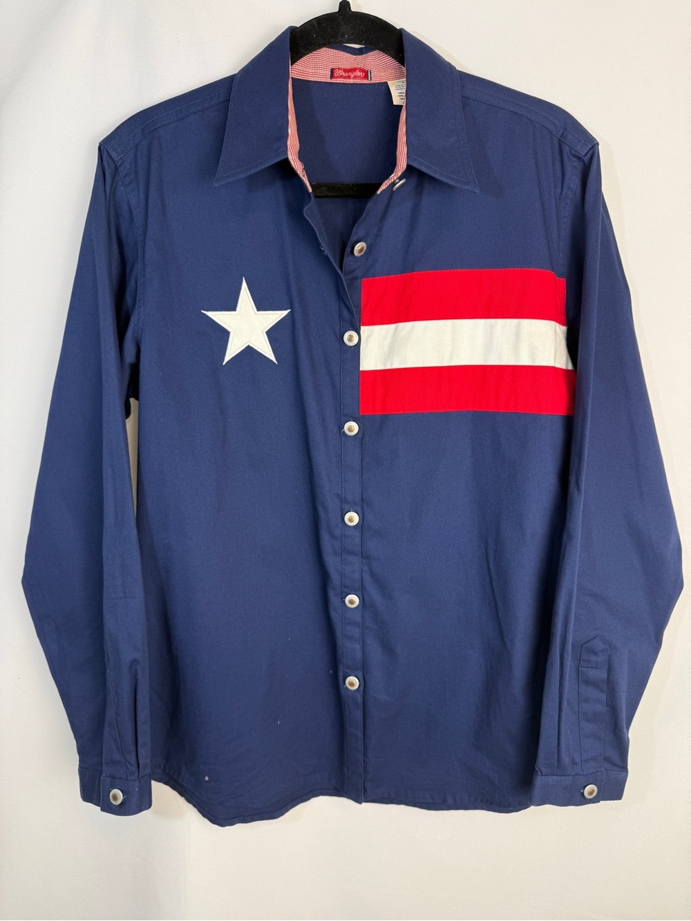 Vintage Wrangler Womens Patriotic Star Stripes Cotton Button Down Shirt Texas